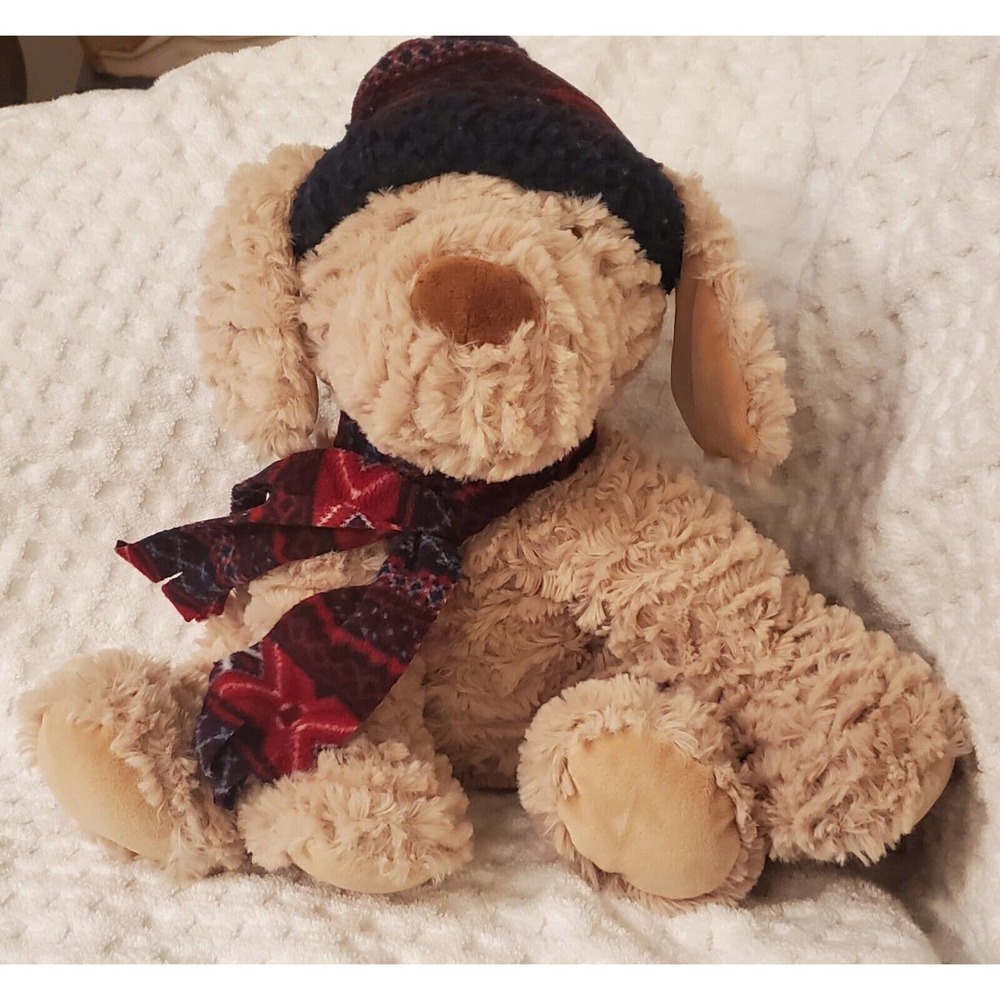 G T Gentle Treasures Plush Dog Winter Beige W/ Scarf And Hat 14inch. (f4)